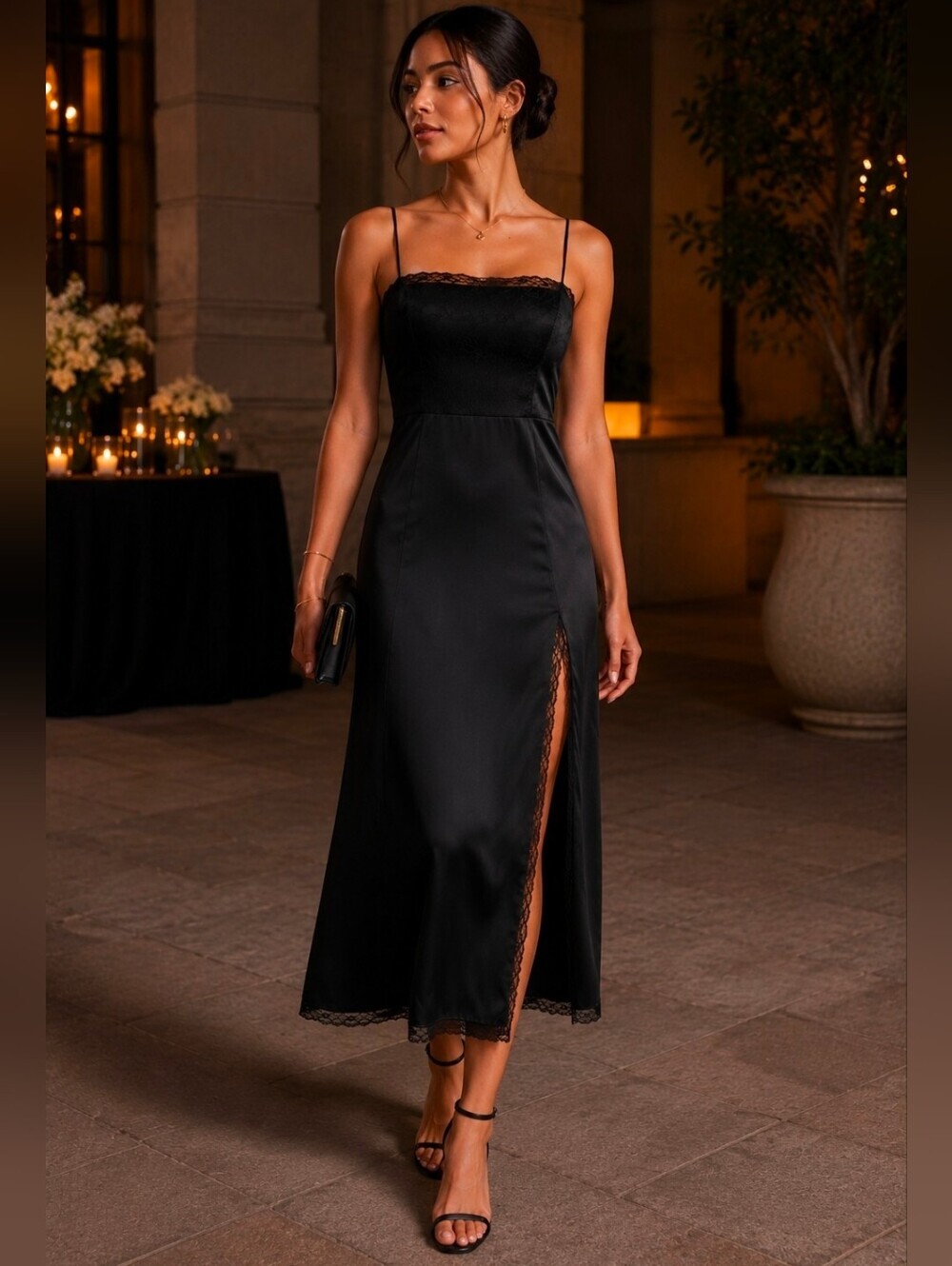 Abercrombie & Fitch Lace High-Slit Midi Dress Black XS